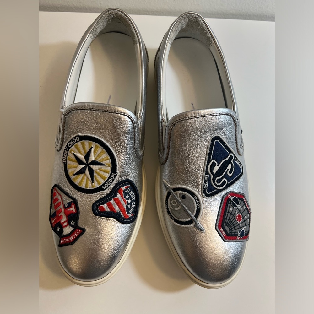 JIMMY CHOO GROVE SILVER GRAINY EMBROIDERED LEATHER SLIP ON SNEAKERS